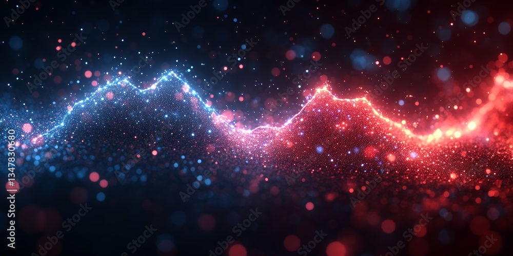 Poster abstract red and blue glowing particle waves background digital art design