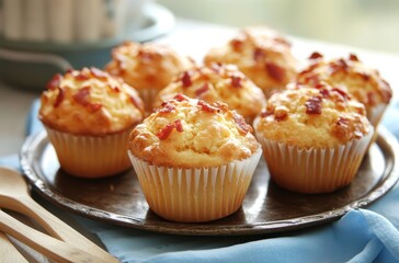 Delicious Homemade Muffins with Crispy Toppings Fresh from the Oven on a Rustic Tray in a Bright Kitchen Setting