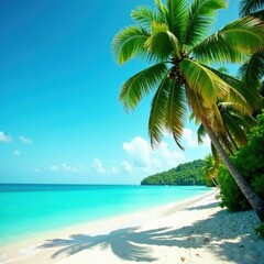 Palm trees sway gently in the warm breeze beside a serene turquoise ocean with soft white sandy beach, coastal, palm tree