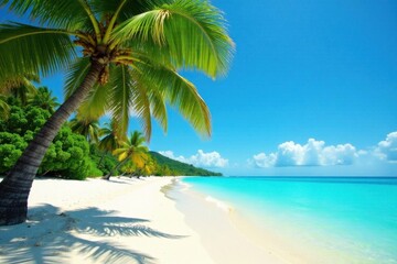 Palm trees sway in ocean breeze on sandy beach, surrounded by clear turquoise water, sand, palm trees