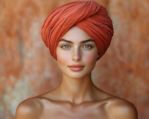 Woman, turban, terracotta wall, portrait