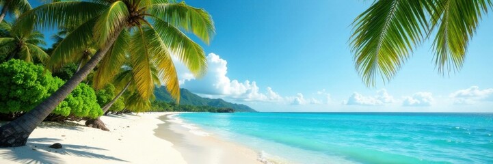 Palm trees swaying in ocean breeze with sandy beach and turquoise water , ocean, turquoise