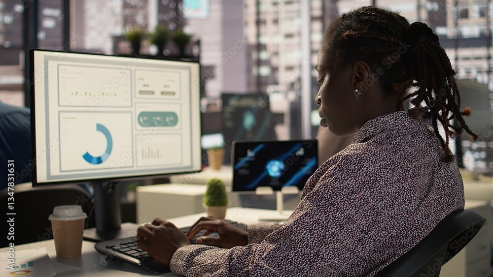 Poster executive assistant in high end office works on infographics data analysis for problem solving tasks