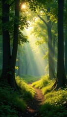 Panorama with sunlight filtering through trees, light, forest landscape