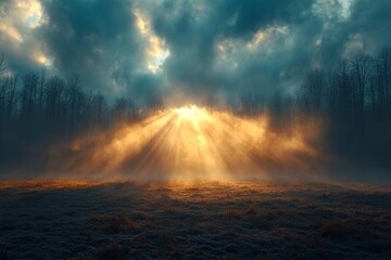 Obraz premium Morning fog envelops a huge solar field, the sun's rays break through the clouds.