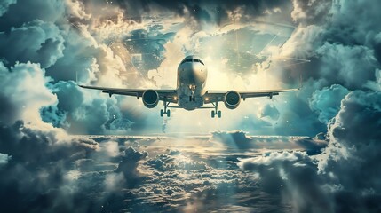 Serene Safe Journey wish card an airplane soaring through the clouds a softly glowing horizon and a world map overlay A dedicated blank area allows for adding names and personalized good luck wishes