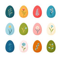 Colorful Easter eggs with hand drawn flowers set. Spring doodle clipart set. Holiday collection of Easter elements.