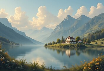 A serene landscape painting of a countryside villa by a reflective lake, surrounded by lush greenery and towering mountains.