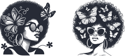 Engraved Stylish Woman with Sunglasses, Voluminous Afro, Hoop Earrings & Graceful Butterflies Design 