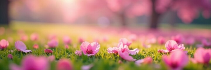 Pink sakura petals gently falling on soft grass, pink sakura petals, outdoor, flowers