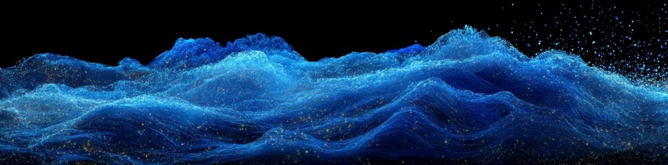 Fototapeta premium 3d render of blue and glowing orange dots on wavy lines in the air, black background, futuristic landscape