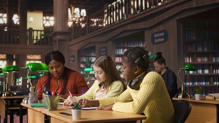 African american private teacher offering support to her students, tutoring them through a lesson plan at a library desk. Tutor providing learning materials, mentoring scholars. Camera A.