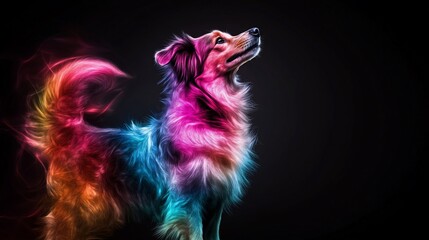 Whimsical canine portrait radiating vivid hues against a stark backdrop