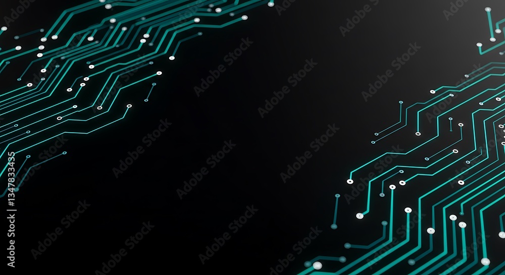Poster abstract circuit board teal lines data flow on black background high-tech visual