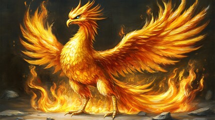Obraz premium A magnificent fiery bird stands with wings and tail ablaze with flames