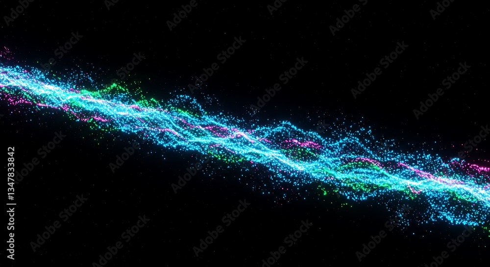Aufkleber glowing particle stream flowing in waves on black background vibrant digital art abstract