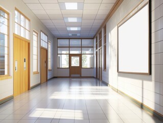 Obraz premium a blank poster frame hanging on a wall in a school hallway with a door, a white tile floor