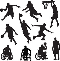 A collection of black silhouettes of basketball players in various dynamic poses on white background. 