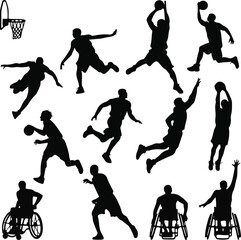 A collection of black silhouettes of basketball players in various dynamic poses on white background. 