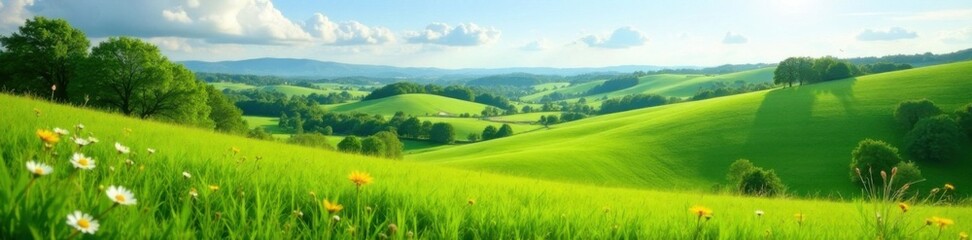 Obraz premium Rolling hills of lush green grass with wildflowers and trees , Summer, Wildflowers, Meadow