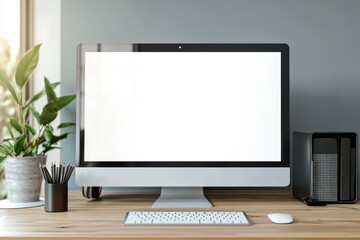 Fototapeta premium a computer with a blank white screen on a wooden desk in a modern office interior mock-up