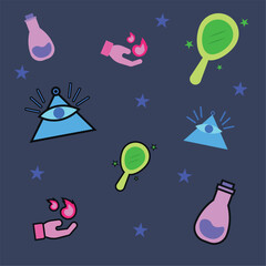 Colored pattern background with different magic icons