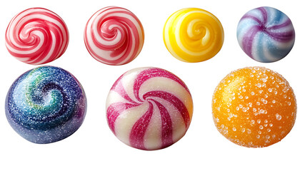 Obraz premium A collection of bright, colorful candies, isolated on a transparent background. The candies include swirled lollipops, round gumdrops, and glossy hard candies.