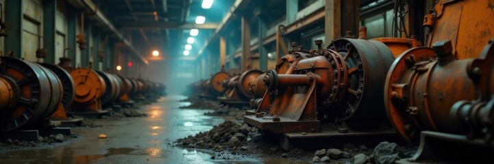 Fototapeta premium Rusty metal machinery in dimly lit environment, black, dark