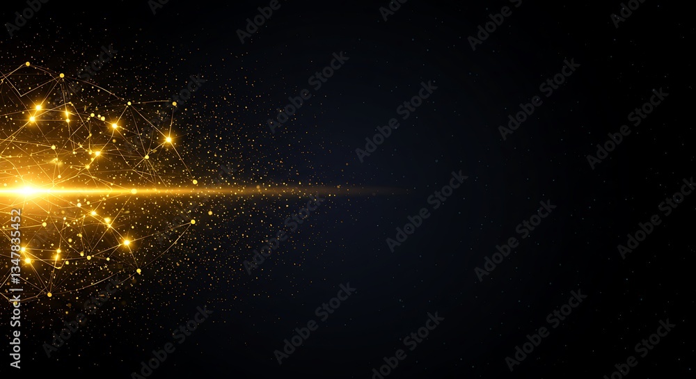 Poster golden network connections glowing particle stream dark digital backdrop