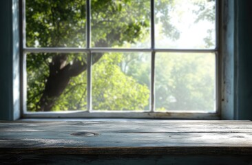 Naklejka premium Wooden windowsill, sunny outdoor view, peaceful, summer scene, empty display