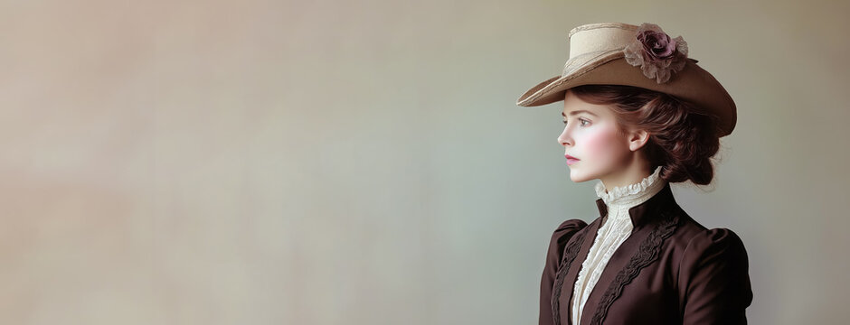 Young woman in elegant Victorian era clothing and hat, studio photo banner, copy space on side. Generative AI
