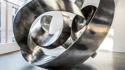 Abstract Metal Sculpture: Intertwined Forms in Modern Gallery