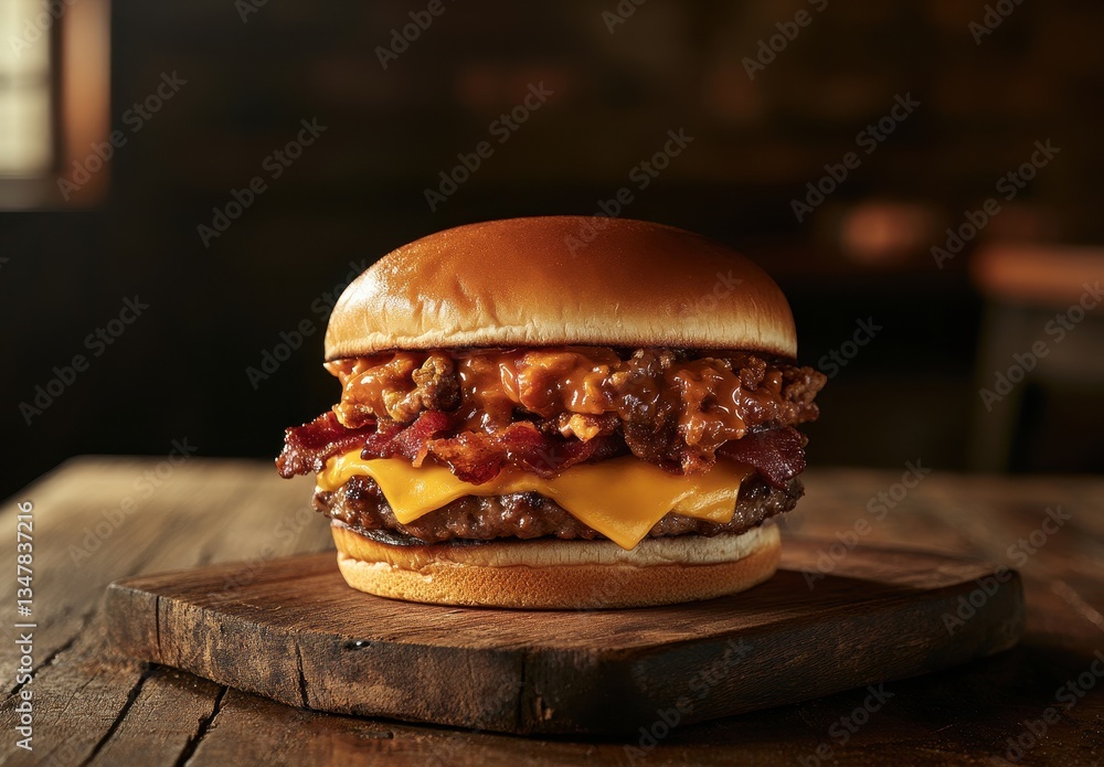 Poster deliciously crafted hamburger with melted cheese and crispy bacon on wooden surface ready to satisfy