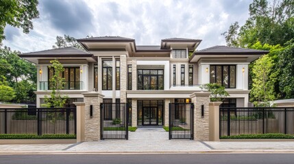 Modern mansion facade, opulent home, suburban street, lush trees in background