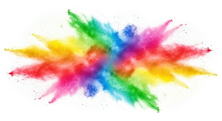 Obraz premium A vibrant explosion of colorful powder creates a lively, symmetrical pattern with hues of red, pink, yellow, green, and blue, perfect for artistic designs and celebrations.