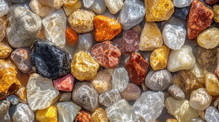 Colorful, translucent pebbles glistening under sunlight