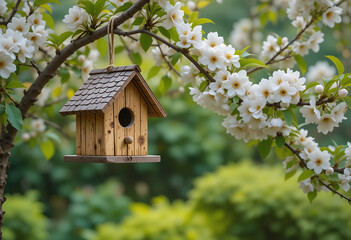 Wooden birdhouse hangs from a tree branch with white flowers, creating a picturesque scene in a wildlife-friendly garden during spring