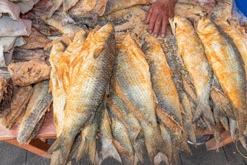 Dried salted fish used to prepare traditional Fanesca soup to celebrate catholic Holy Week and Easter in Ecuador. A delicious soup made with more than 12 different gradients. Food market in Cuenca