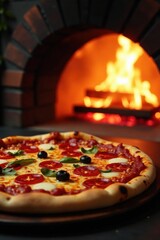 Sizzling hot pizza in the foreground with flames rising from a brick oven in the background , kitchen, baking