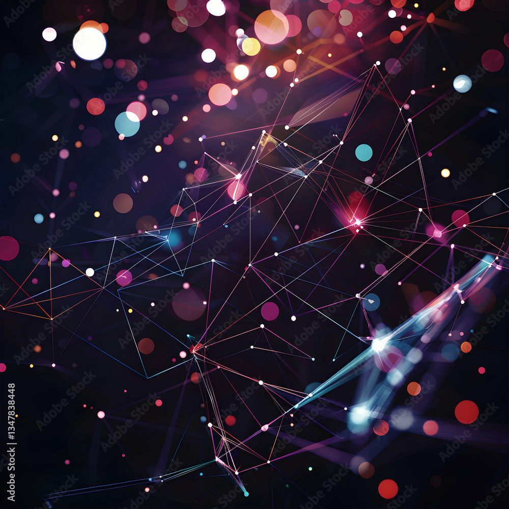 Poster sparkling abstract network with colorful particles in dark space