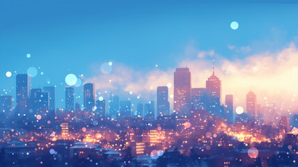 青い夜空と光り輝く都市の風景 近未来の夜景 高層ビル群のライトが幻想的な雰囲気を演出するシティスケープ サイバーパンクな世界観 デジタルアート。70年代、80年代のシティポップを意識した都市の夜景のアニメ風イラスト,