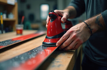 Man applies wax using red iron to freshly serviced alpine skis in workshop. Ski service, maintenance, preparation for winter sports. Person repairing equipment, waxing with paraffin.