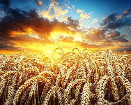 Golden wheat field illuminated by the vibrant setting sun and sky