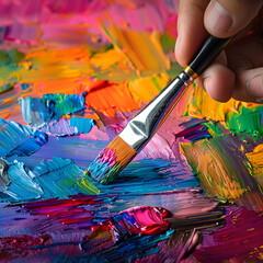 Fototapeta premium Close-up of a Paintbrush Applying Vibrant Colors on Canvas