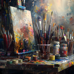 Expressive Oil Painting with Paintbrushes in an Artistic Setting
