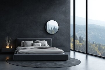 A modern bedroom with a large window and mountain view