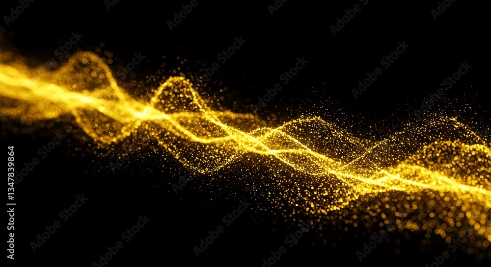 Poster golden particle stream flowing energy on black background sparkling bokeh effect