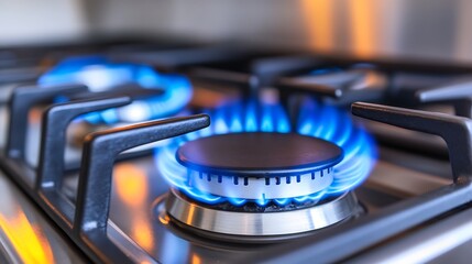 Close-up of a Gas Stovetop with Blue Flames