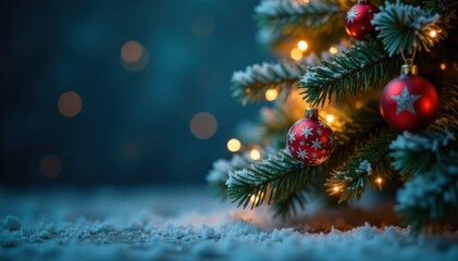 Snowflakes falling on a festive Christmas tree, ornaments, Christmas, winter