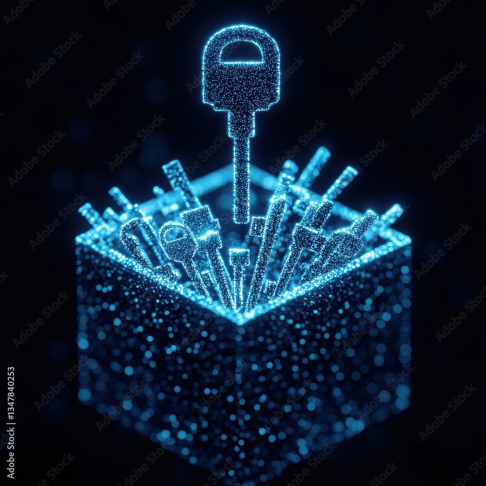 Aufkleber a digital representation of a glowing key emerging from a box filled with various tools, symbolizing